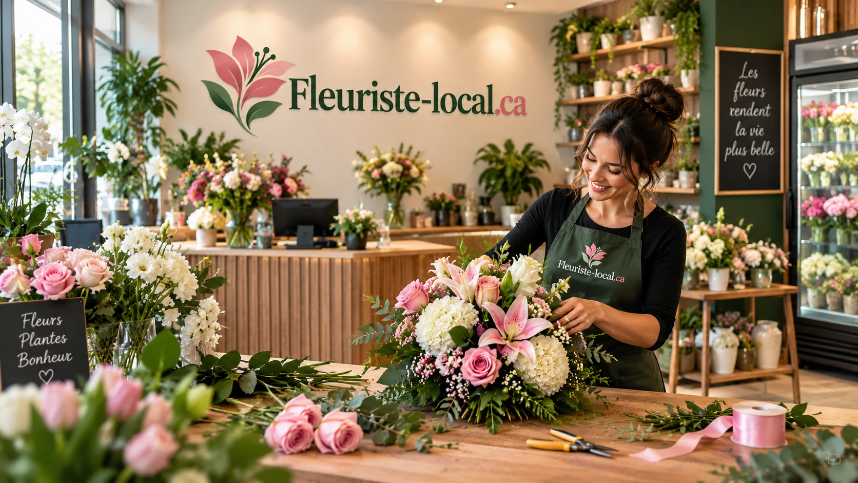 Fleuriste montant un bouquet de roses, de lys et d'hortensias sur le comptoir de travail d'une boutique de fleurs