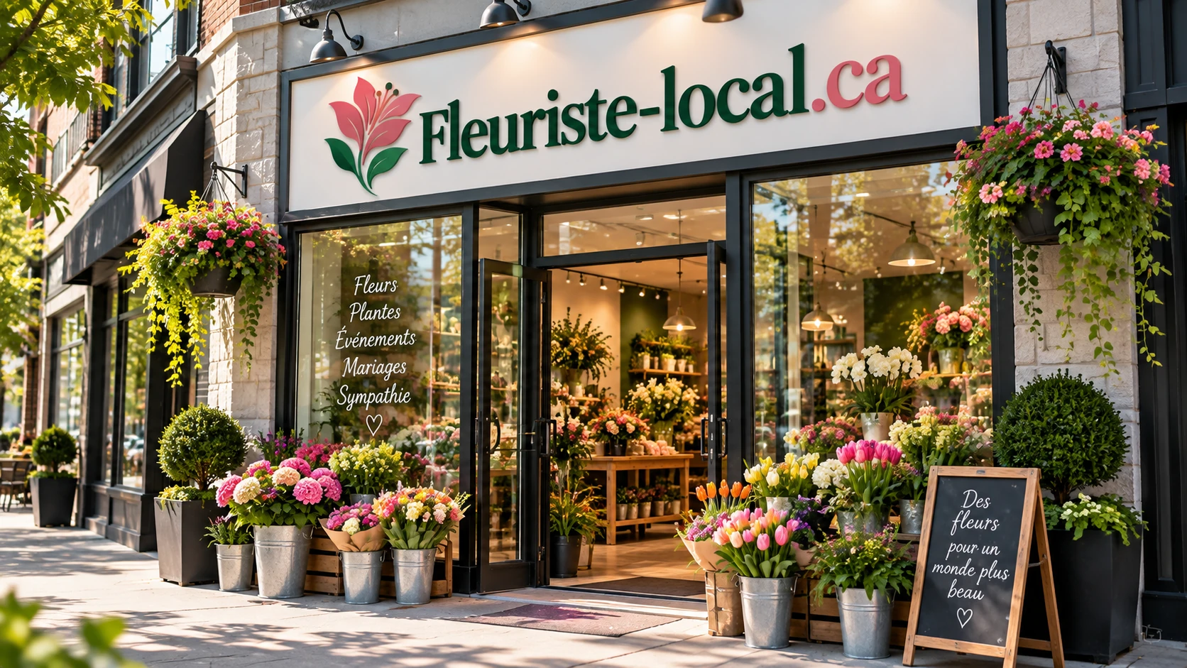 Devanture d'une boutique de fleurs en bordure de rue, avec seaux de tulipes, de pivoines et de plantes fleuries sur le trottoir