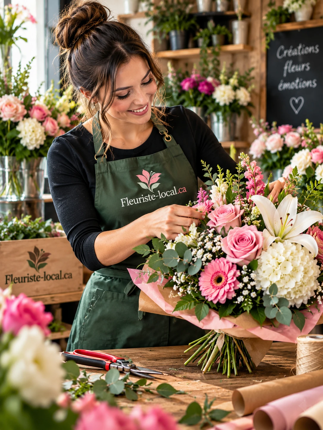 Fleuriste composant un bouquet de roses, de lys et de gerberas sur une table d'atelier couverte de feuillages