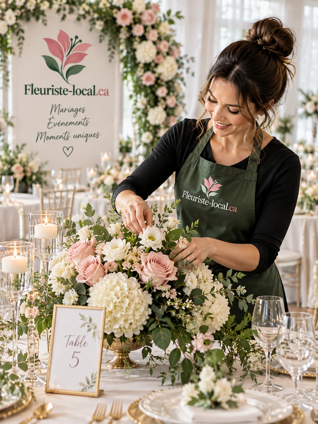 Fleuriste installant un centre de table de roses et d'hortensias sur une table de réception de mariage dressée