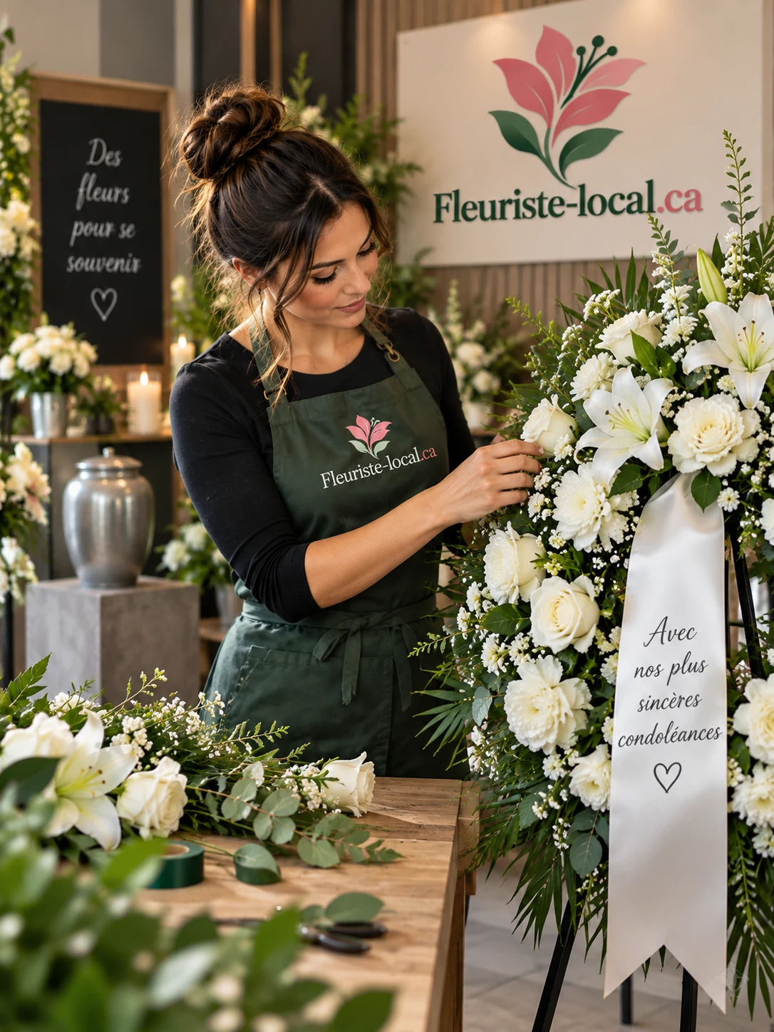 Fleuriste assemblant une gerbe funéraire de lys et de roses blanches montée sur pied, avec ruban de condoléances
