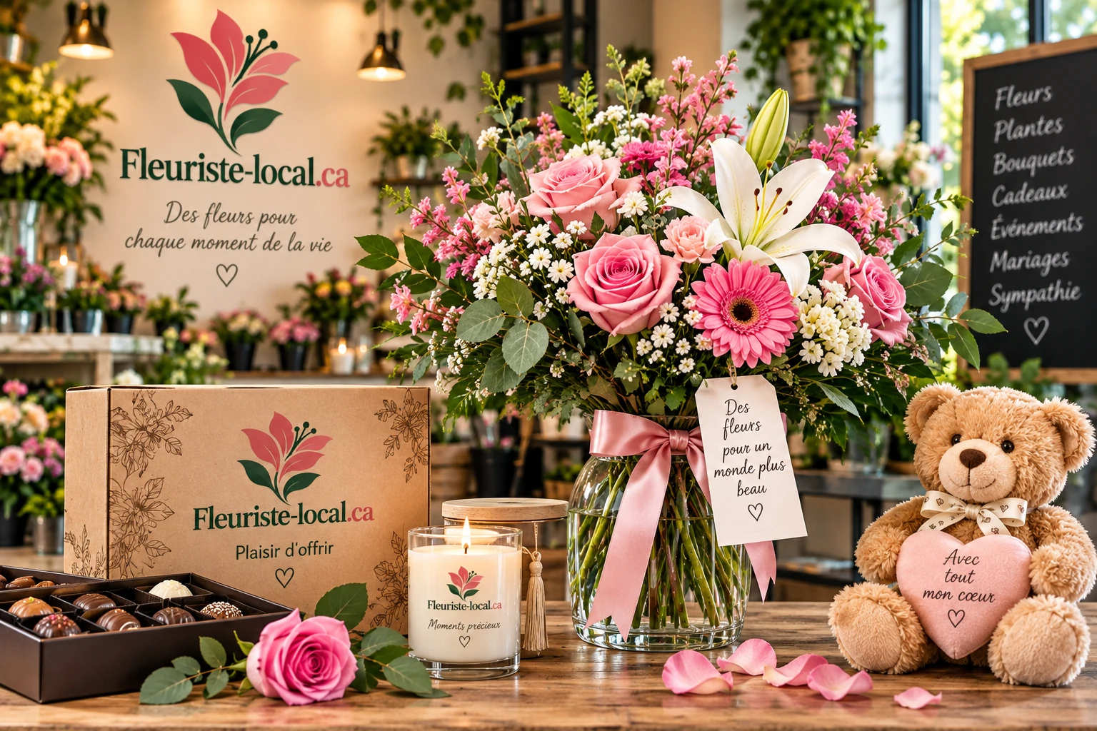 Bouquet en vase entouré d'une boîte cadeau, d'une bougie, d'une boîte de chocolats et d'un toutou, dans une boutique de fleurs